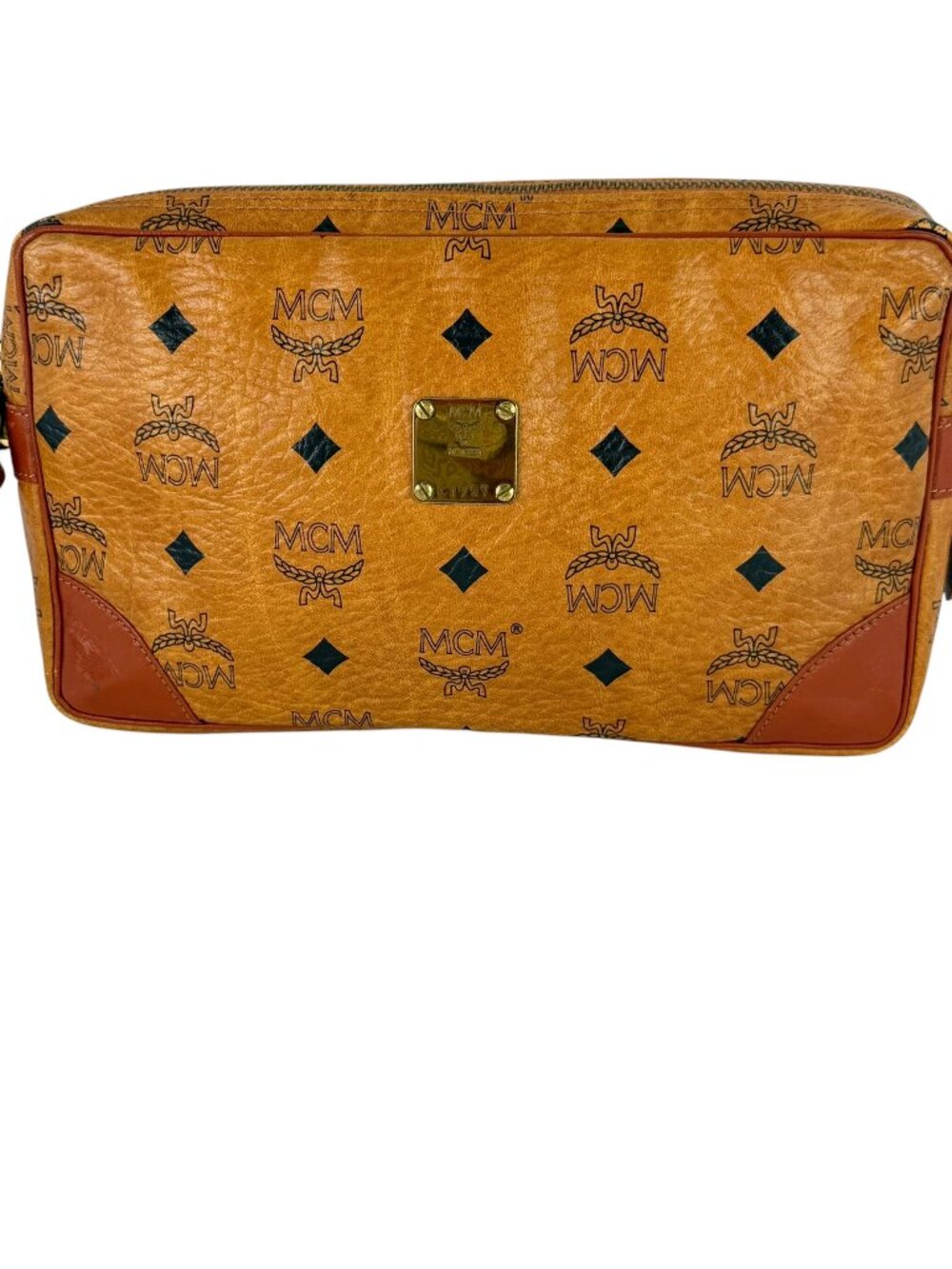 MCM Visetos Cognac Canvas Vintage Clutch Wristlet Strap Bag Made in Germany